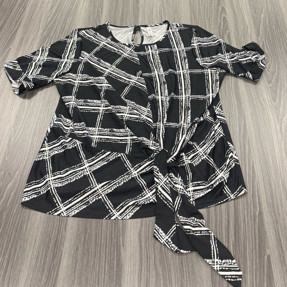 PerSeption Concept Monochrome Patterned Black & White Blouse with Tie Size XL